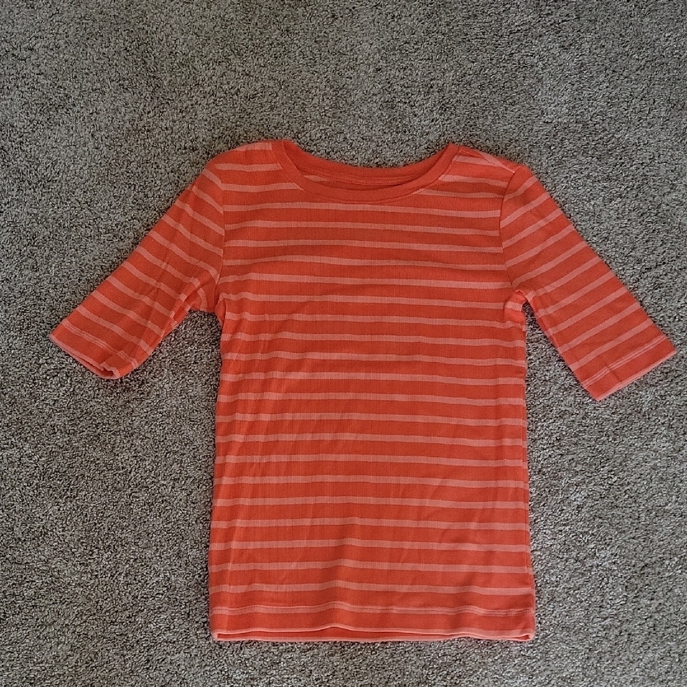 LOFT Women's Striped Coral Tee Small, Short Sleeves